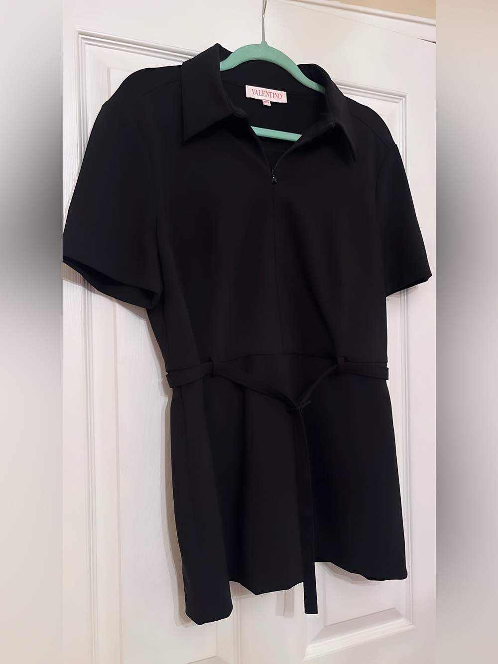 Valentino Black Short-Sleeve Zip Polo Top with Waist Tie